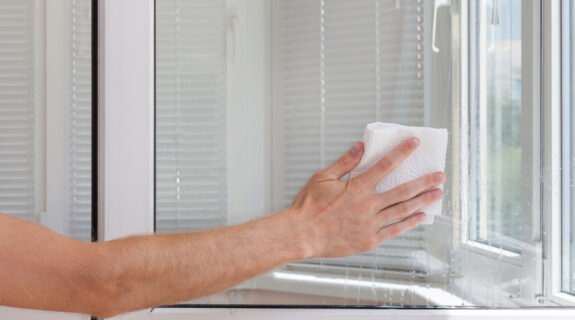 Houseworker cleans window